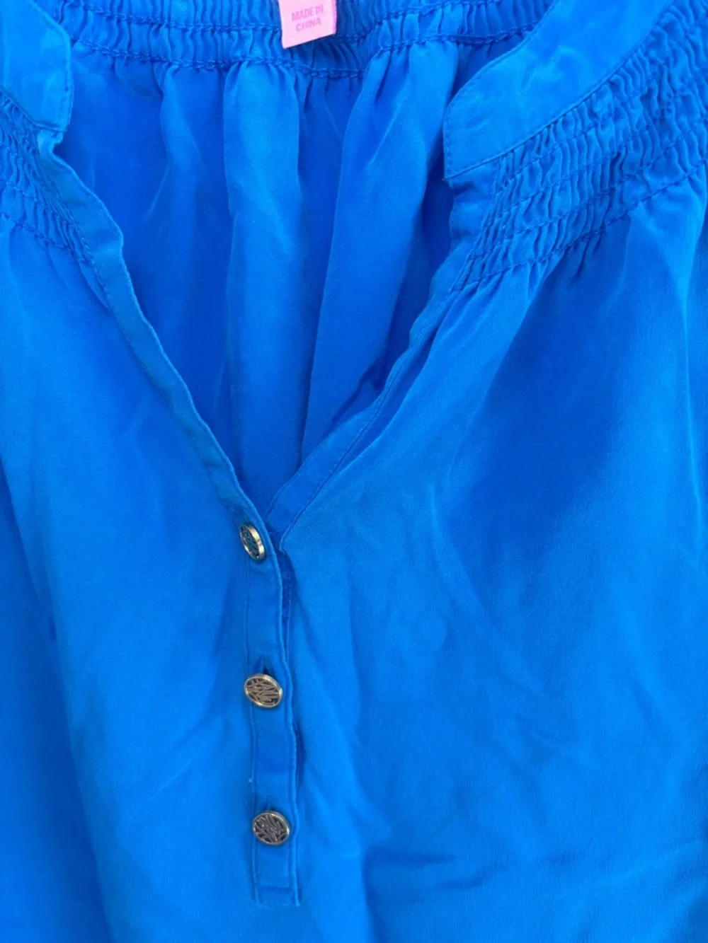 Lilly Pulitzer Elsa Silk Top Popover Smocked Gold Buttons Teal Size XS - Picture 3 of 9